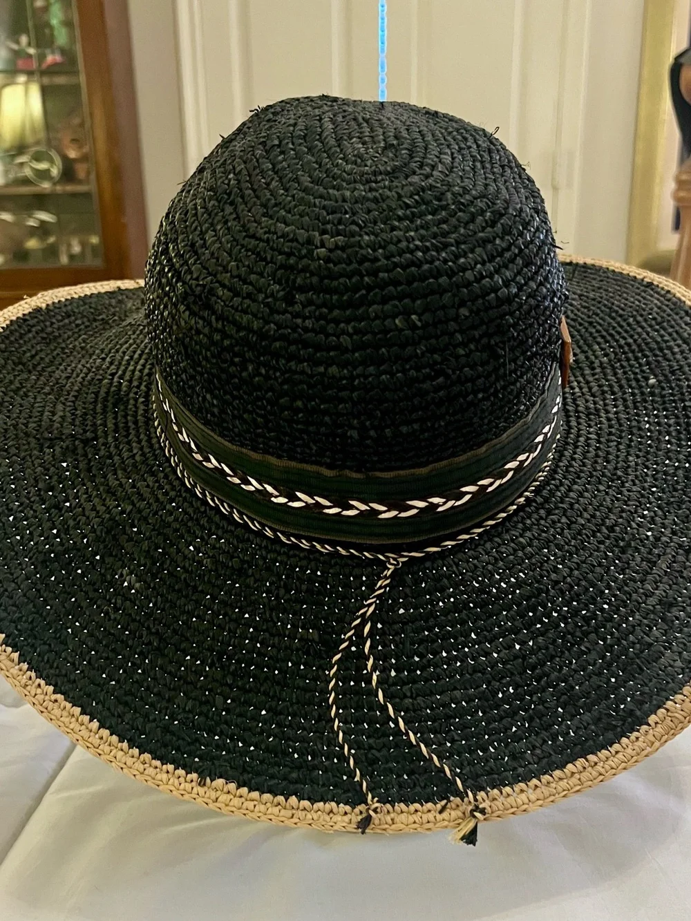 Scala Black Wide-Brim Straw Sun Hat with Braided Trim